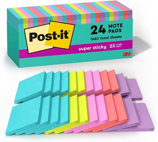 Post-it Super Sticky Notes, 3x3 in, 24 Pads, 2x the Sticking Power, Supernova Neons, Bright Colors, Recyclable