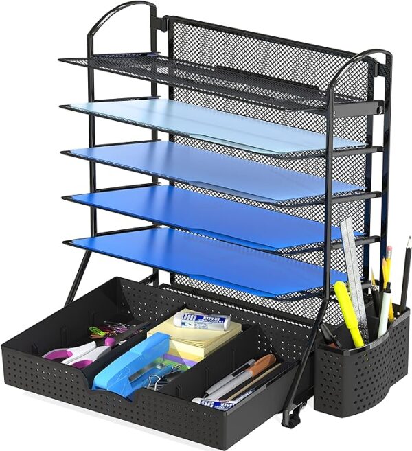 Simple Houseware 6 Tier Desk Document File Tray Organizer with Supplies Sliding Drawer, Black